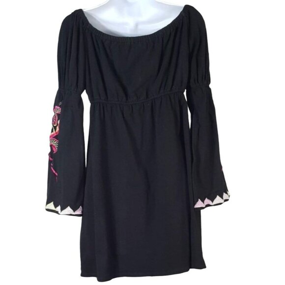 VaVa by Joy Han Mini Shift Dress Black Small Bishop Sleeve Boho Embroider Floral - Picture 5 of 7